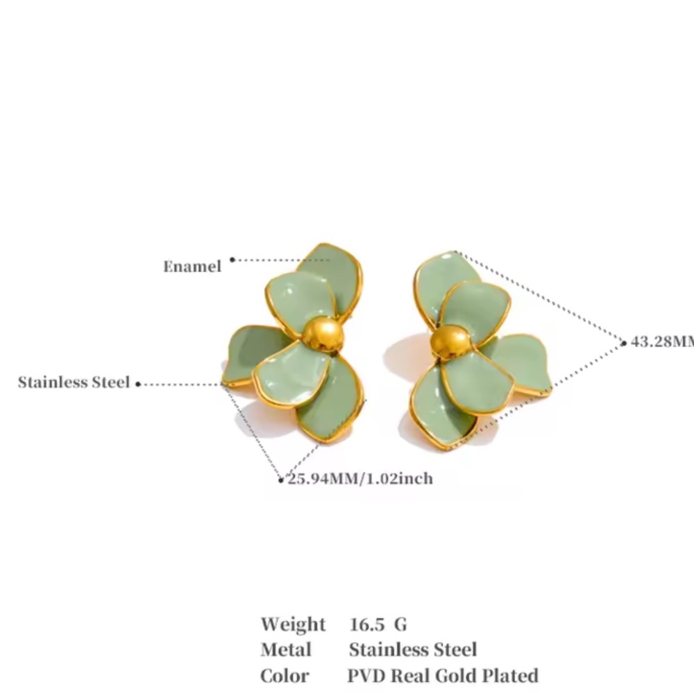 Sage Green Petal Floral Gold Earrings - Picture 7 of 8